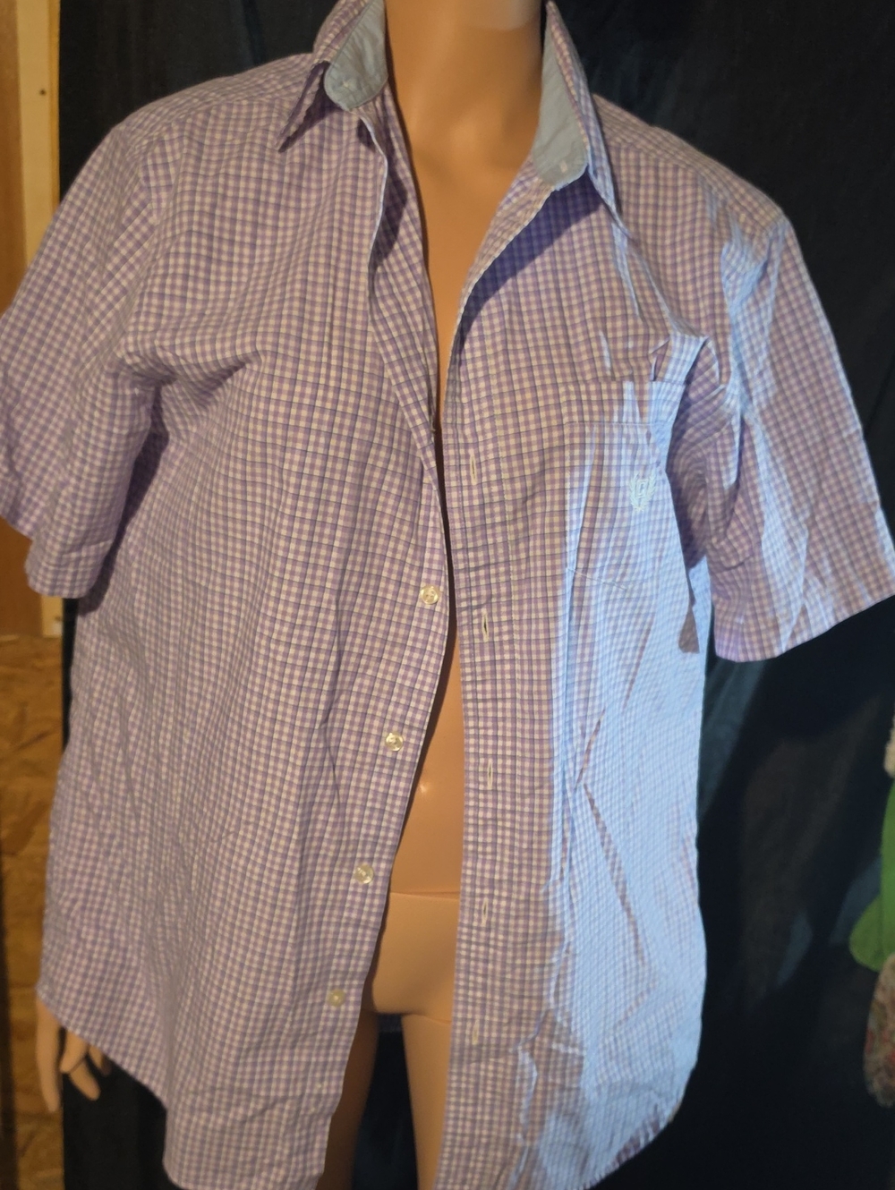 Chaps Lavender and White Short-Sleeve Check Button-Down Shirt